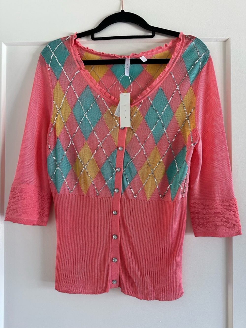 lISLII Coral Turquoise Argyle Sequin Swarovski Crystal Button Cardigan Small